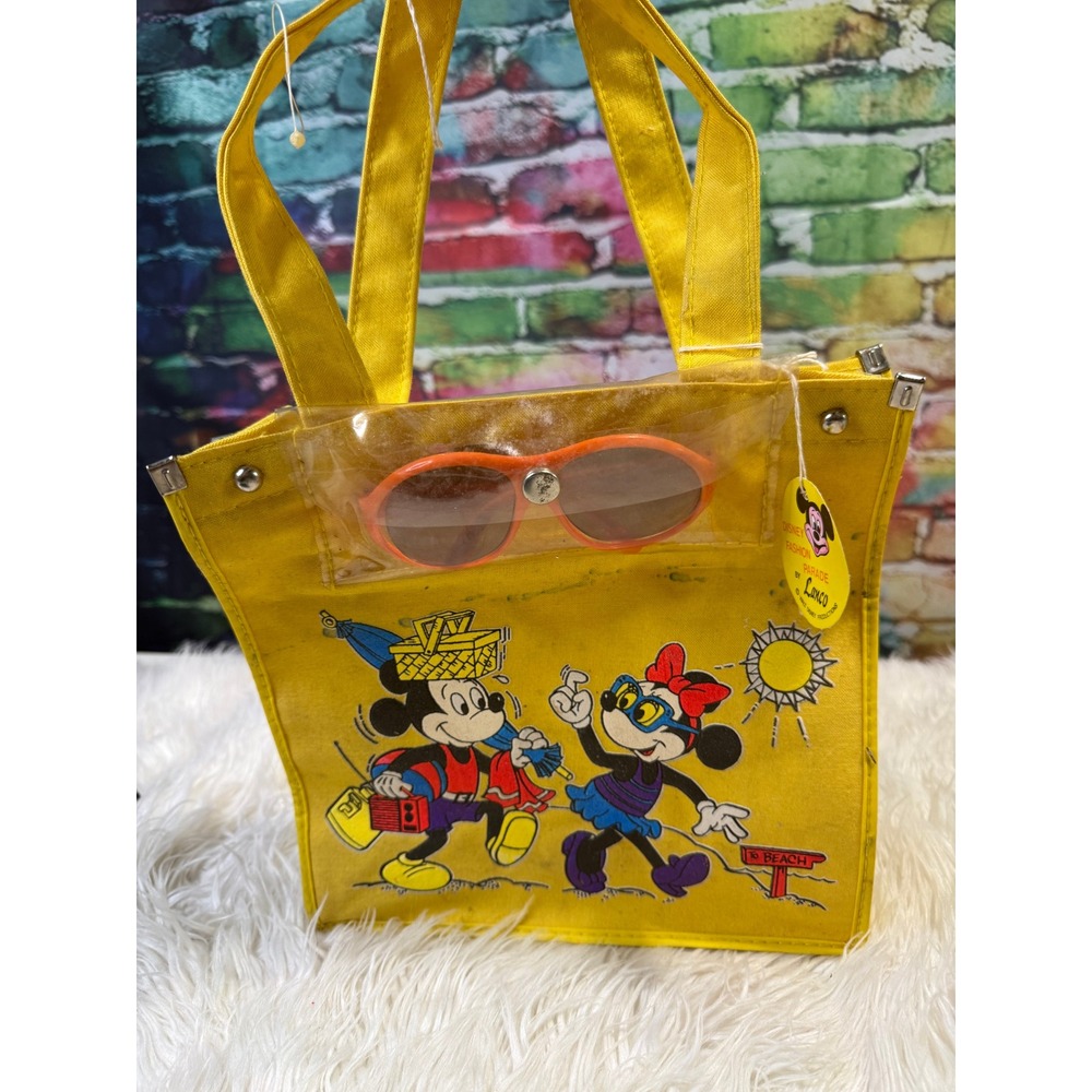 Vintage Disney Mickey Minnie Mouse Yellow Canvas Tote Bag with Sunglasses Lanco